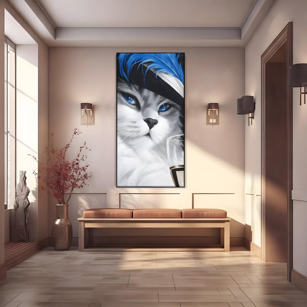 Tablou canvas cu tablou canvas cu pisica aristocrata si palarie, in rama de aluminiu negru